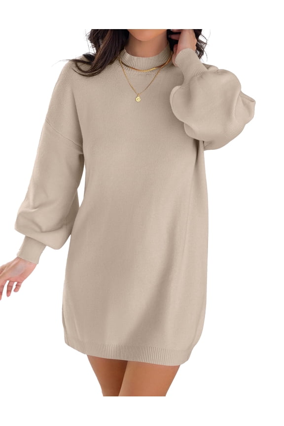 Women's Fall Oversized Turtleneck Lantern Sleeve Casual Knit Mini Dress Almond M