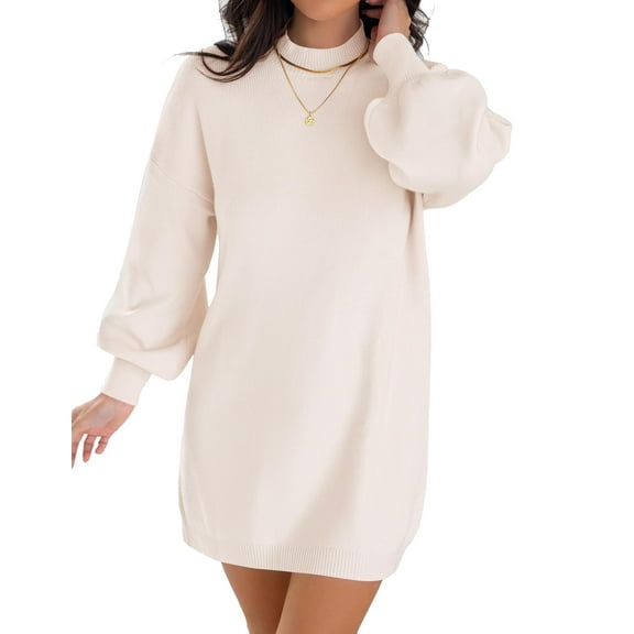 YOGAFOX Women's Fall Oversized Turtleneck Lantern Sleeve Casual Knit Mini Dress Apricot S