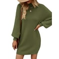 thumbnail image 1 of YOGAFOX Women's Fall Oversized Turtleneck Lantern Sleeve Casual Knit Mini Dress Army Green L, 1 of 5