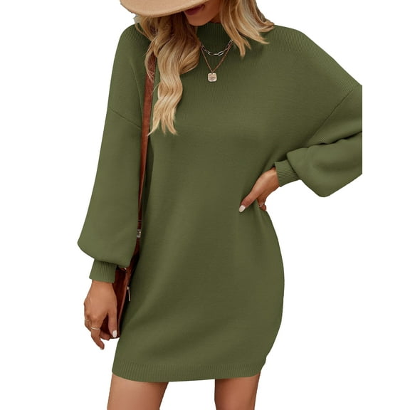 YOGAFOX Women's Fall Oversized Turtleneck Lantern Sleeve Casual Knit Mini Dress Army Green S