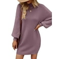 thumbnail image 1 of YOGAFOX Women's Fall Oversized Turtleneck Lantern Sleeve Casual Knit Mini Dress Dark Violet M, 1 of 5