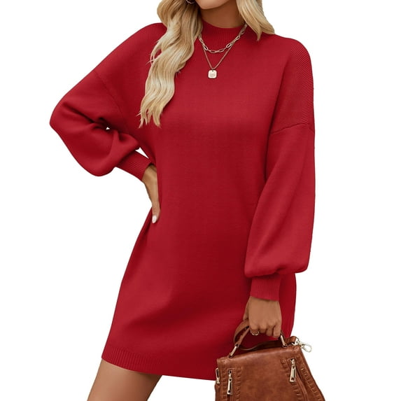 YOGAFOX Women's Fall Oversized Turtleneck Lantern Sleeve Casual Knit Mini Dress Red L