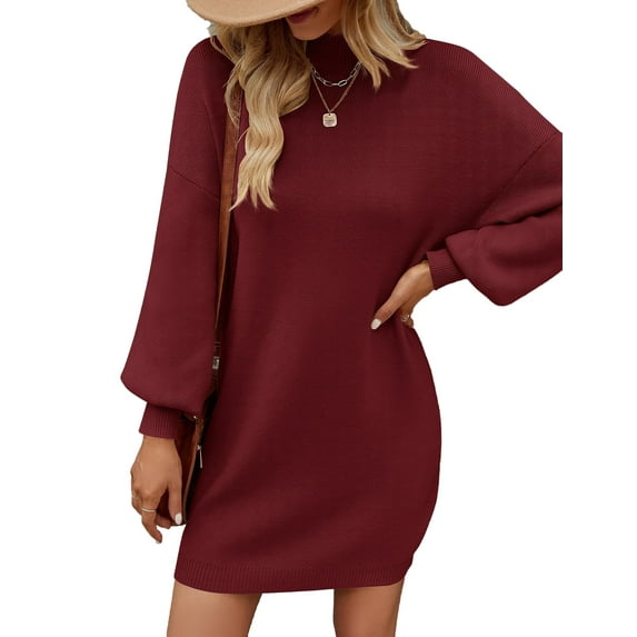 YOGAFOX Women's Fall Oversized Turtleneck Lantern Sleeve Casual Knit Mini Dress Wine M
