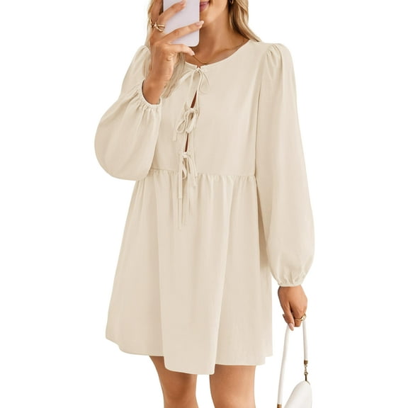 YOGAFOX Women's Fall Puff Sleeve Tie Front Pleated Babydoll Mini Tunic Dress Apricot M