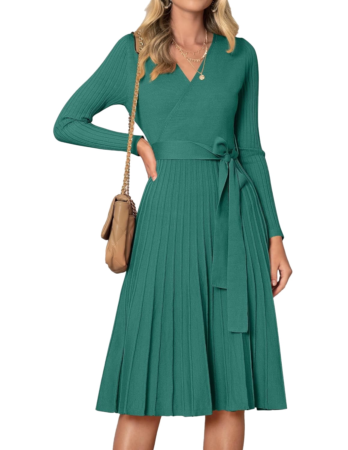 Plus Size Sweater Dresses For Women Women's Fall Sweater Dress 2025 - Long  Sleeve Wrap V-Neck Ribbed Knit Midi Dress With Belt