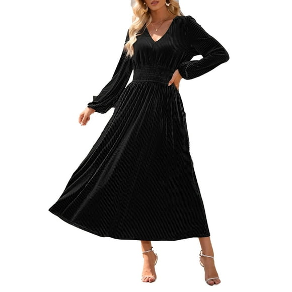 Women's Fall V Neck Velvet Long Sleeve Casual Party Midi Dress Black L