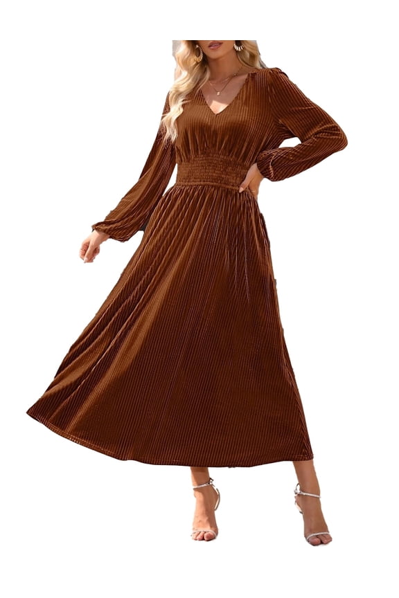Women's Fall V Neck Velvet Long Sleeve Casual Party Midi Dress Caramel L