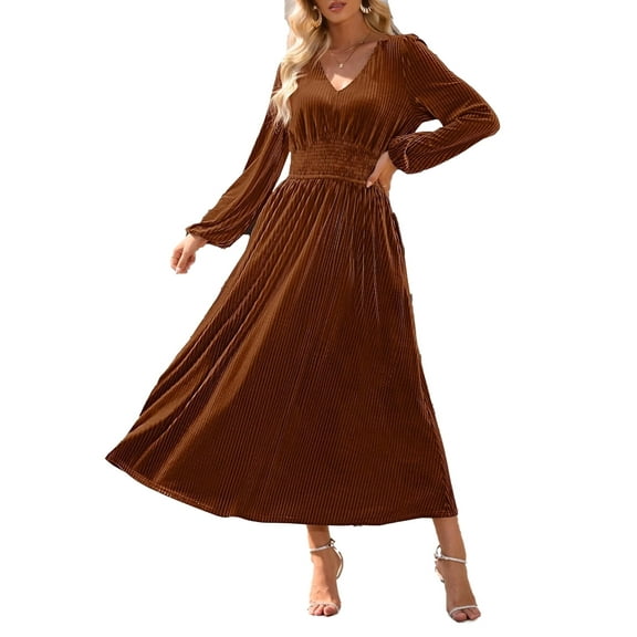 YOGAFOX Women's Fall V Neck Velvet Long Sleeve Casual Party Midi Dress Caramel XL