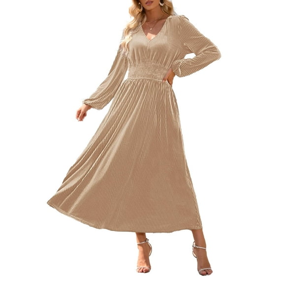 YOGAFOX Women's Fall V Neck Velvet Long Sleeve Casual Party Midi Dress Champagne L