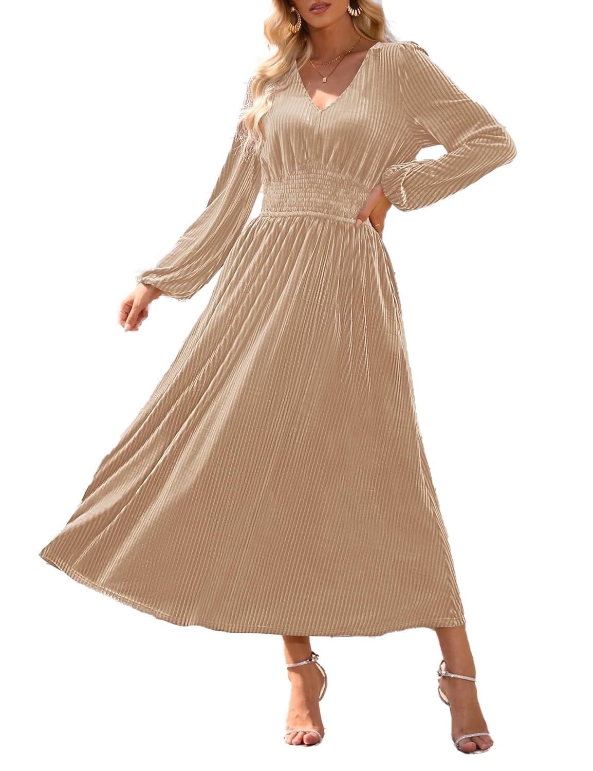 chinese dress ladies Berylove Women Burgundy Evening Dress Long Sleeve Velvet Gala Dress with Overlay, Champagne / US10 main image 0