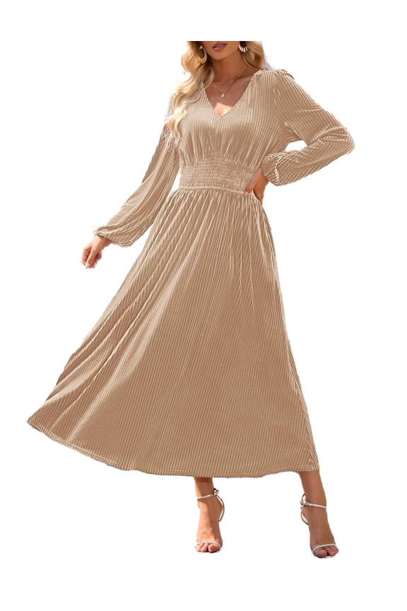 Women's Fall V Neck Velvet Long Sleeve Casual Party Midi Dress Champagne XL