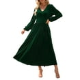thumbnail image 1 of YOGAFOX Women's Fall V Neck Velvet Long Sleeve Casual Party Midi Dress Green M, 1 of 5