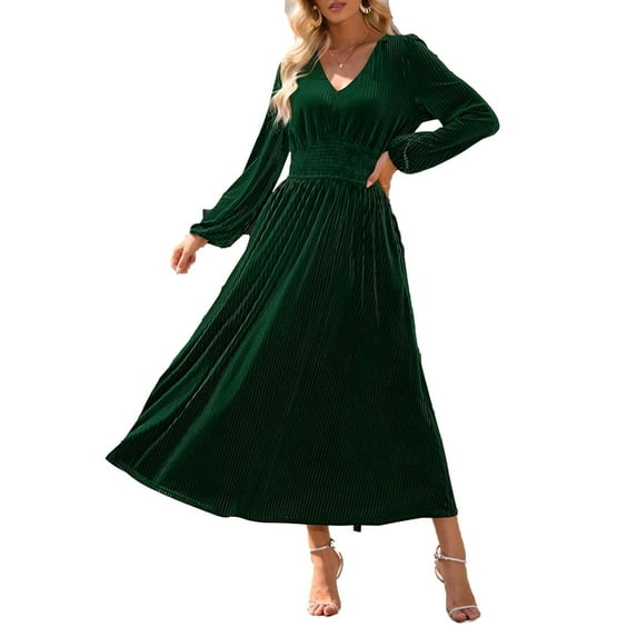 YOGAFOX Women's Fall V Neck Velvet Long Sleeve Casual Party Midi Dress Green M