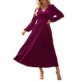 thumbnail image 1 of YOGAFOX Women's Fall V Neck Velvet Long Sleeve Casual Party Midi Dress Plum XL, 1 of 5