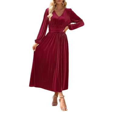 YOGAFOX Women's Fall V Neck Velvet Long Sleeve Casual Party Midi Dress Wine Red S