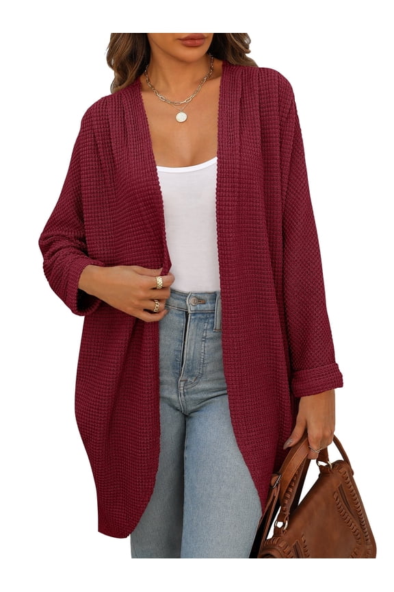 Women's Fall Waffle Sweater Cardigan Batwing Long Sleeve Loose Open Front Knit Coat S-XXL