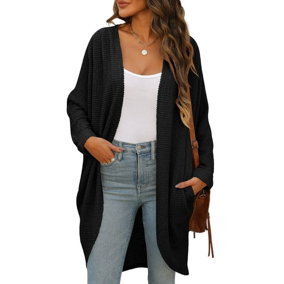 YOGAFOX Women's Fall Waffle Sweater Cardigan Batwing Long Sleeve Loose Open Front Knit Coat S-XXL