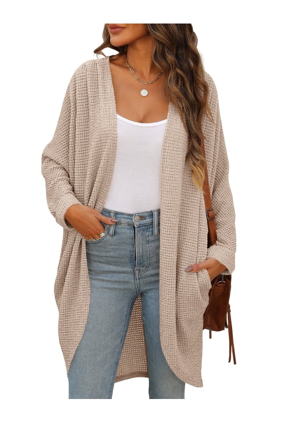 Women's Fall Waffle Sweater Cardigan Batwing Long Sleeve Loose Open Front Knit Coat S-XXL