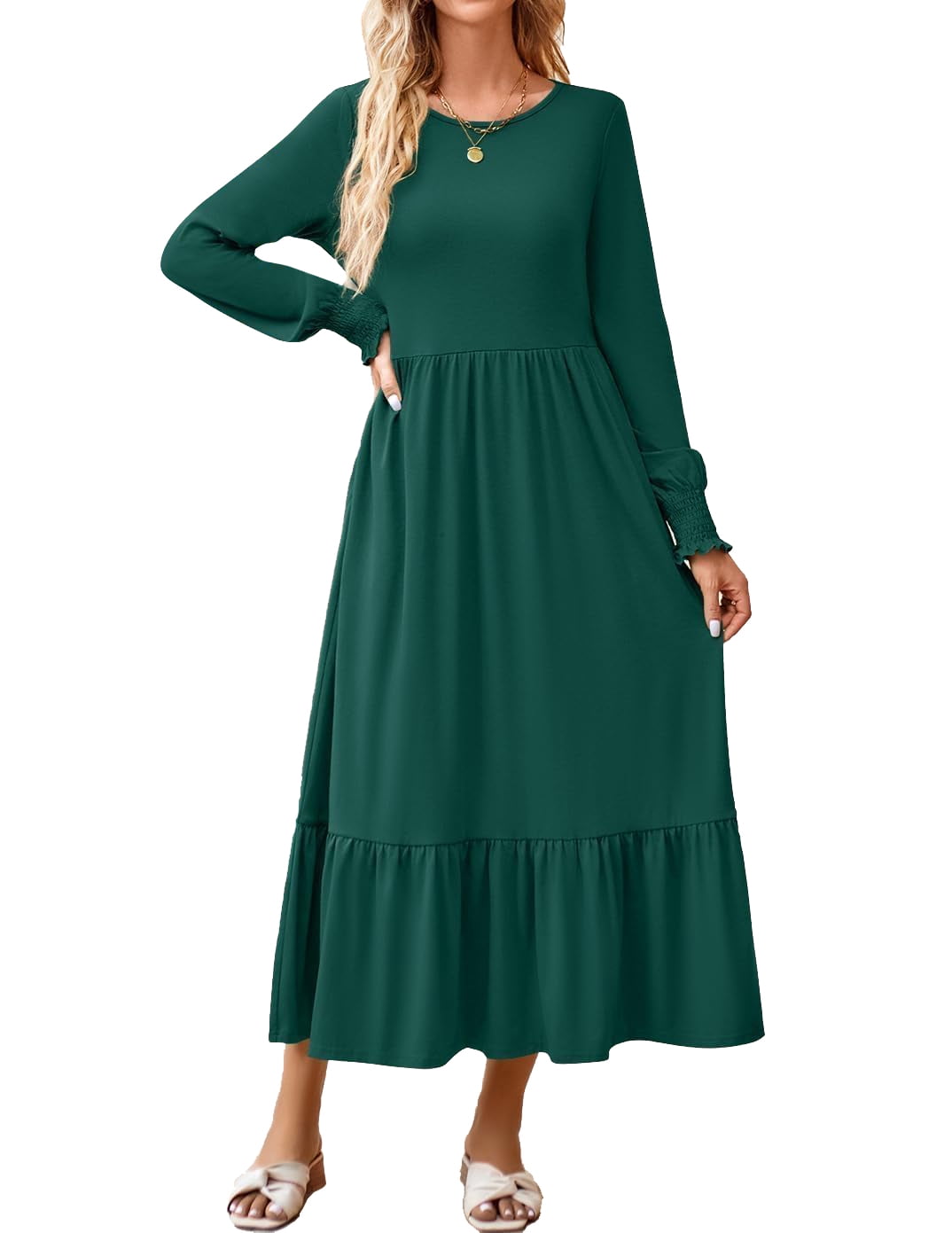 YOGAFOX Women s Pleated Tiered Long Sleeve Casual Midi Dress With yogafox-women-s-pleated-tiered-long-sleeve-casual-midi-dress-with