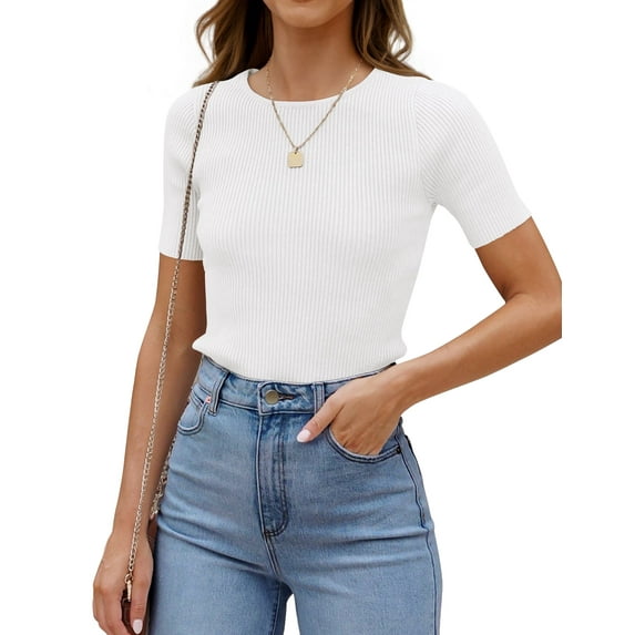 YOGAFOX Women's Short Sleeve Crewneck Summer Tee Shirt Ribbed Knit Slim Basic Solid Tops(White-S)
