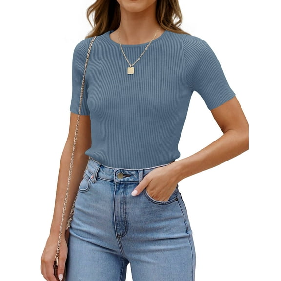 YOGAFOX Women's Short Sleeve Crewneck Summer Tee Shirt Ribbed Knit Slim Basic Tops(DustyBlue-S)