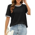 thumbnail image 1 of YOGAFOX Women's Short Sleeve Striped 2025 Tee Shirts Color Block Loose Casual Tops(Black-L), 1 of 5