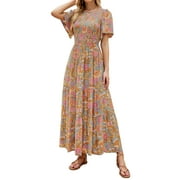 YOGAFOX Women's Summer Boho Floral Short Sleeve Smocked High Waist Tiered Maxi Dress (GreyGreen,S)