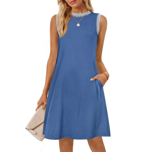 YOGAFOX Women's Summer Casual Beach Vacation Sleeveless Crewneck Mini Dresses(DarkBlue,XL)