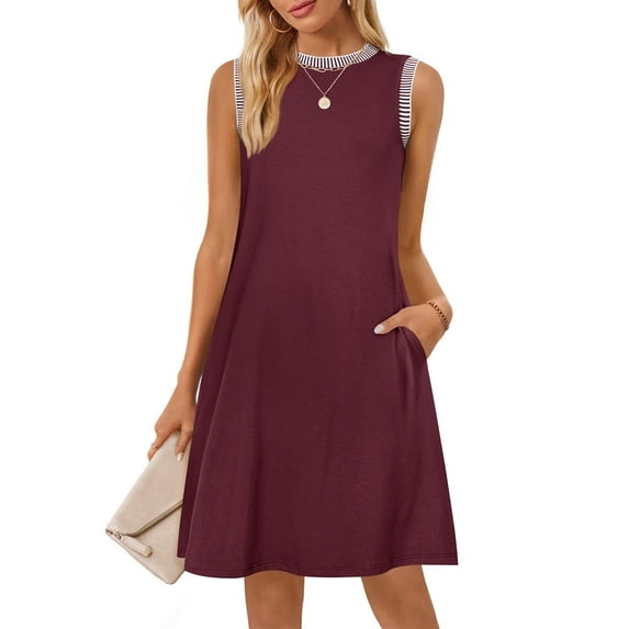 YOGAFOX Women's Summer Casual Beach Vacation Sleeveless Crewneck Mini Dresses(Wine,XL)