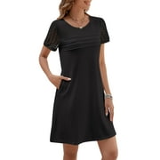 YOGAFOX Women's Trendy Lace Short Sleeve Dress Summer Dressy Shirt Dresses Black M