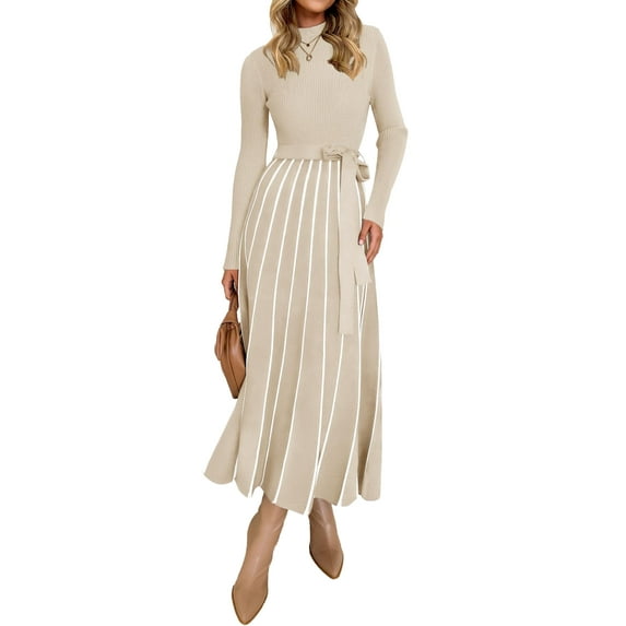 YOGAFOX Womens Fall Turtleneck Tie Waist Long Sleeve Ribbed Knit Midi Dress Apricot M