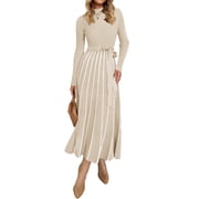 YOGAFOX Womens Fall Turtleneck Tie Waist Long Sleeve Ribbed Knit Midi Dress Apricot XL