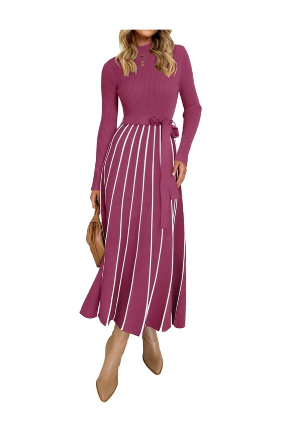Womens Fall Turtleneck Tie Waist Long Sleeve Ribbed Knit Midi Dress Eggplant L