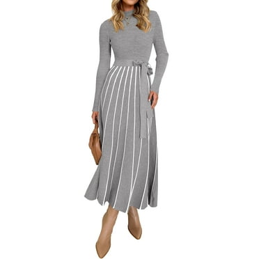 YOGAFOX Womens Fall Turtleneck Tie Waist Long Sleeve Ribbed Knit Midi Dress Grey M