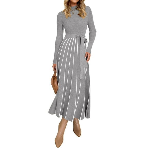YOGAFOX Womens Fall Turtleneck Tie Waist Long Sleeve Ribbed Knit Midi Dress Grey S