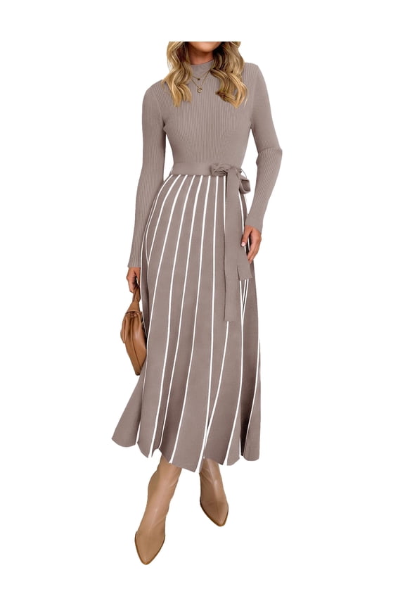 Womens Fall Turtleneck Tie Waist Long Sleeve Ribbed Knit Midi Dress Khaki L