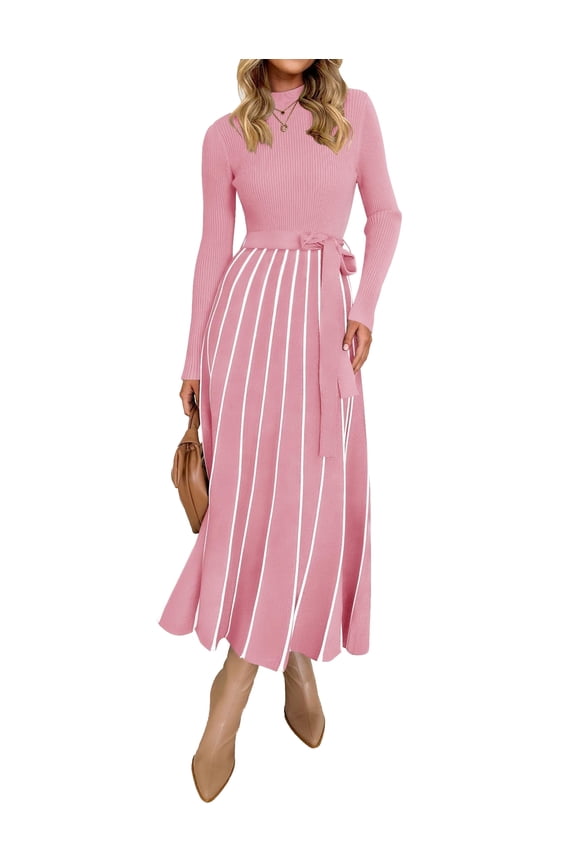 Womens Fall Turtleneck Tie Waist Long Sleeve Ribbed Knit Midi Dress Pink S