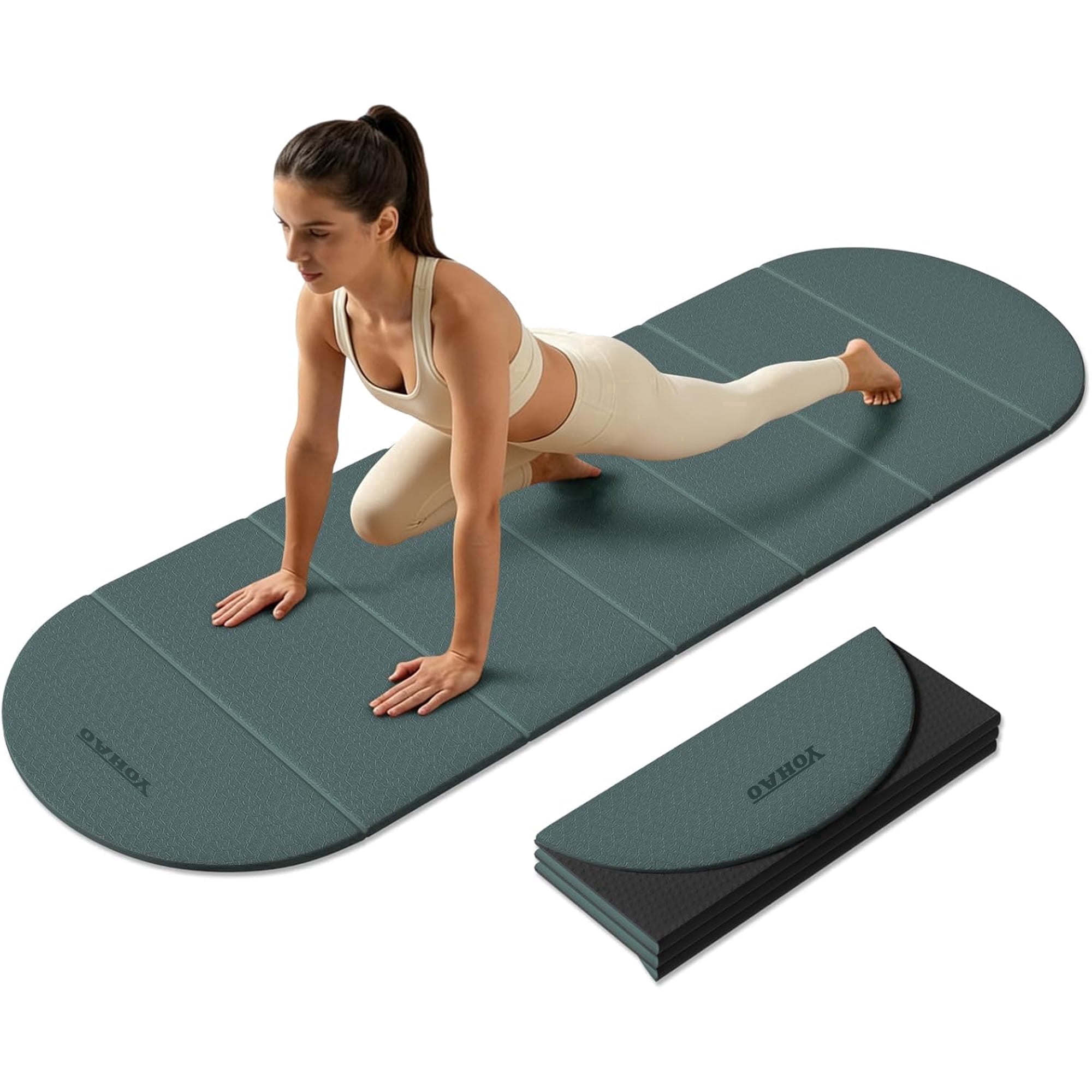YOHAO Yoga Mat Thick,10mm Foldable Exercise Mats For Home and Travel,Rounded Folds,Quick Unfold Or Storage,Flat Lay No Curl Design(Green+Black)