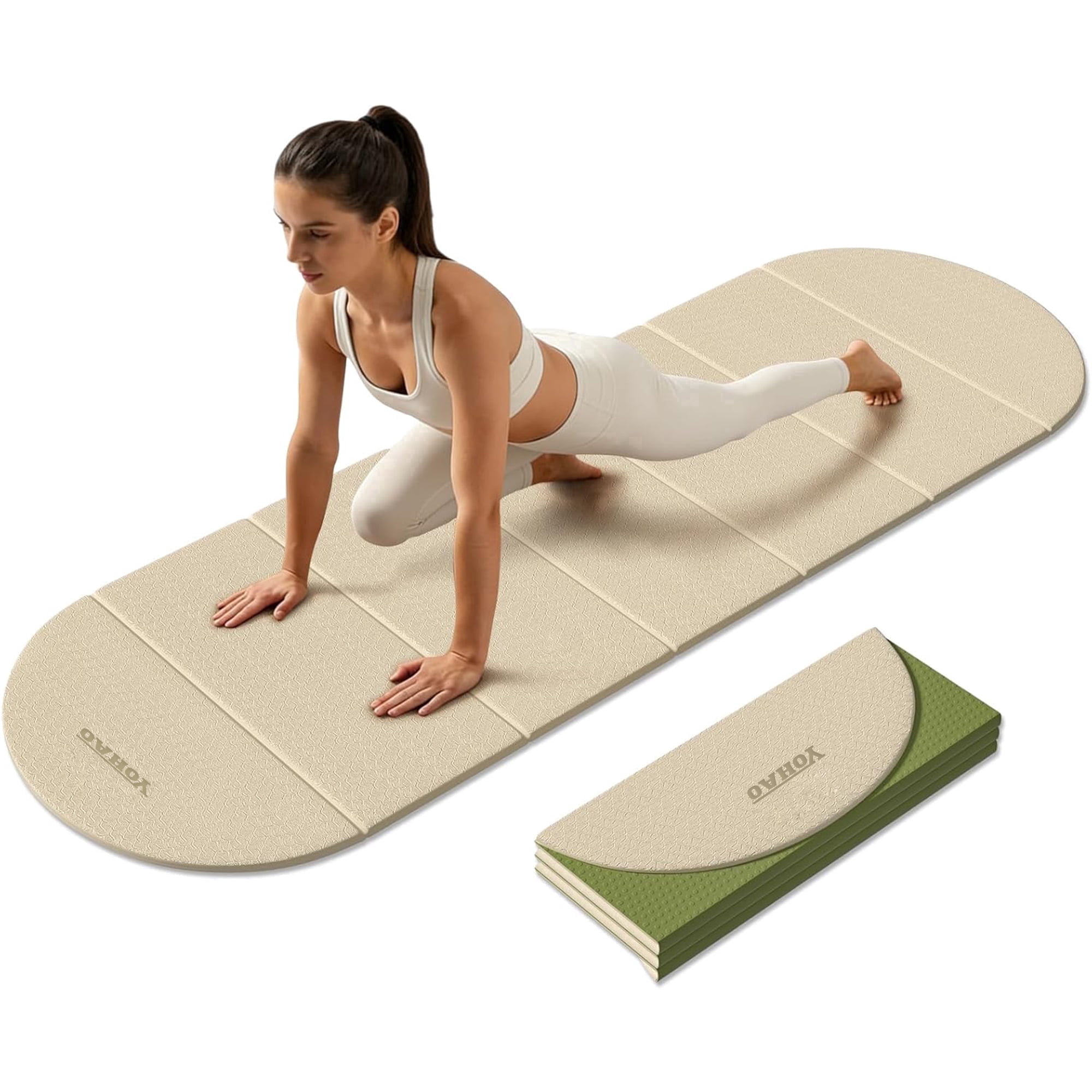 YOHAO Yoga Mat Thick,10mm Foldable Exercise Mats For Home and Travel,Rounded Folds,Quick Unfold Or Storage,Flat Lay No Curl Design(White+Green)
