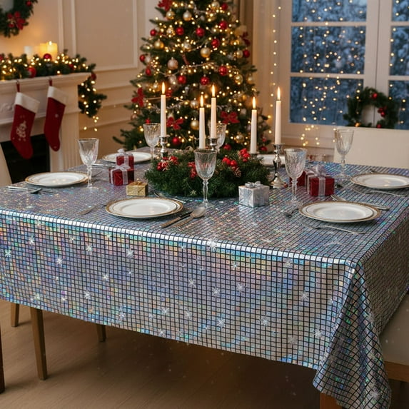 YOHAVEN 106x39" Christmas Laser Snowflake Sequin Tablecloth for Dining Table Party Holiday Decorations Seasonal Xmas Decor New Year Celebration Indoor Outdoor Table Decor