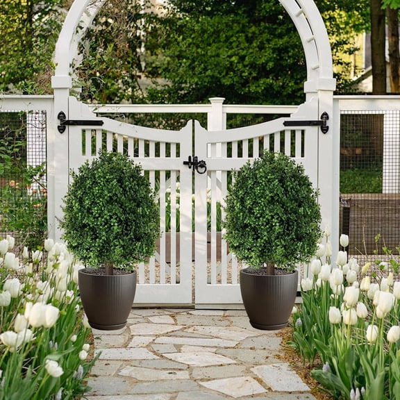 YOHAVEN 24 Inch Artificial Boxwood Topiary Ball With Ground Spike, Outdoor Indoor Fake Evergreen Tree, UV Resistant Weatherproof Shrub For Yard Patio Garden Path, Low Maintenance Decor Gift