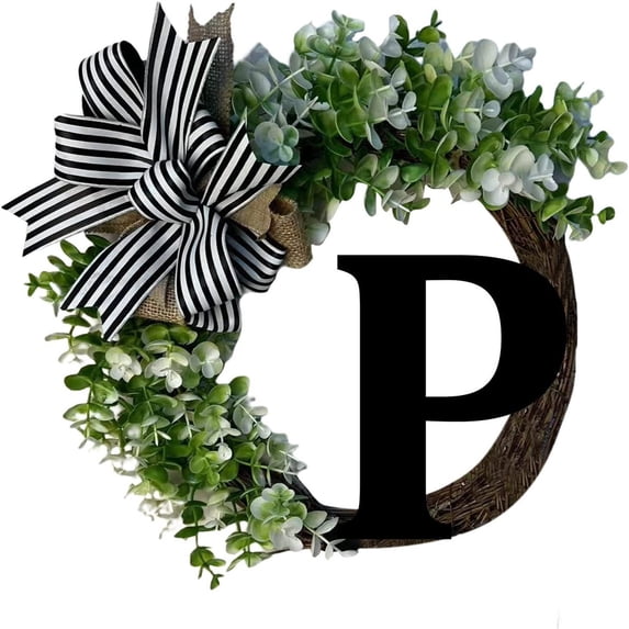 YOHAVEN 26 Letters Alphabet Wreath Door Hanging Sign Rattan Wall Pendant Home Wedding Birthday Party Front Door Celebration Decor