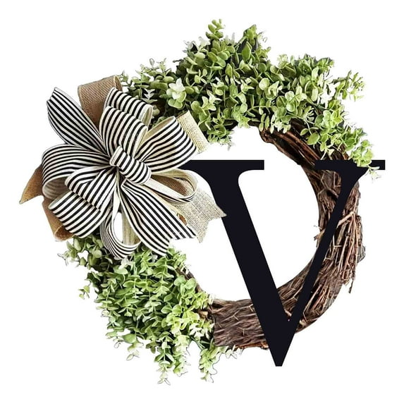 YOHAVEN 26 Letters Decorative Wreath Door Hanger 15", Rattan Ring Alphabet Wall Hanging with Bow, Rustic Farmhouse Door Sign for Wedding Housewarming Front Door Window Decor
