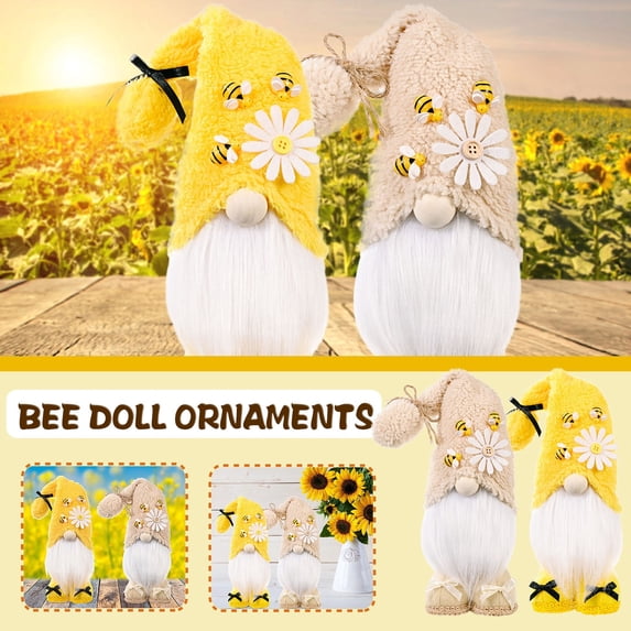YOHAVEN 2PCS Bumble Bee Gnome Scandinavian Tomte Elf Figurines for Home Table Shelf Window Sill Decor, Spring Summer Festival Decoration Gift Idea for Friends Indoor Outdoor