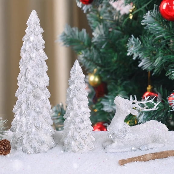 YOHAVEN 3pcs Resin Christmas Tree and Reindeer Figurines Small Winter Holiday Decorations for Dining Table Mantel Shelf Indoor Xmas Centerpiece Decor