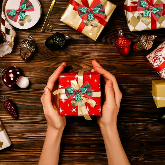 YOHAVEN 4pc Mini Bow Christmas Decorations, Red Gold Linen Gift Box Ornament for Tree, Wreaths, Stair Railings, Table, Party Holiday Decor