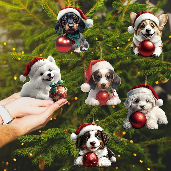 YOHAVEN 6PCS Christmas Tree Pendant Dog Acrylic Ornaments Holiday Hanging Decorations Book Lovers Home Fireplace Shelf Tree Party Decor Gift