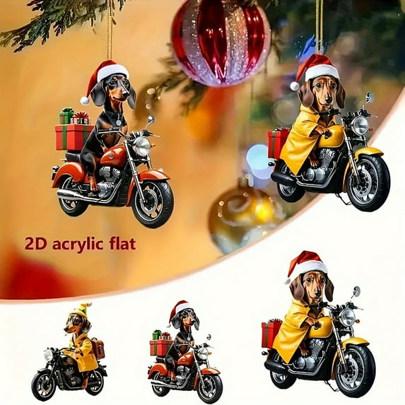 YOHAVEN Acrylic Dog Riding Motorcycle Christmas Tree Ornaments 3-Piece Car Rearview Pendant for Holiday Home Decoration, Xmas Tree Decor, Lively Christmas Party Accessories, Festive Ornament Set