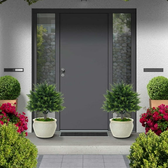 YOHAVEN Artificial Cedar Topiary Trees for Outdoors, Realistic Faux Shrubs with Ground Spike, Perfect for Front Porch, Garden & Patio, Low Maintenance & Year-Round Decoration