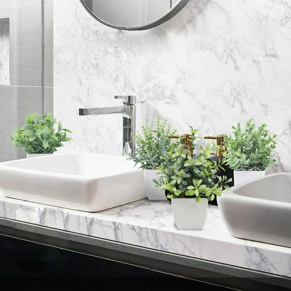 YOHAVEN Artificial Potted Plants 4 Pack 7" Mini Fake Greenery Small Faux Desk Plants For Bathroom Kitchen Office Shelf Living Room Tabletop Decor